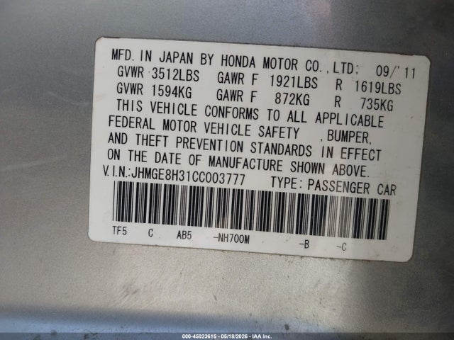 45023615 :رقم المزاد ، JHMGE8H31CC003777 vin ، 2012 Honda Fit مزاد بيع
