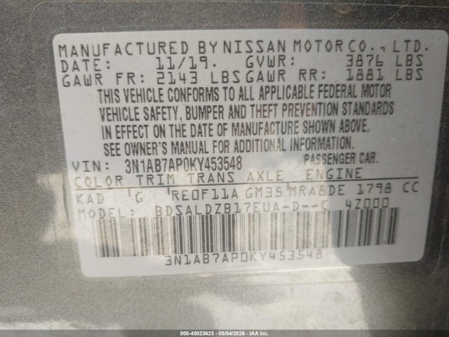 2019 Nissan Sentra Sv მანქანა იყიდება აუქციონზე, vin: 3N1AB7AP0KY453548, აუქციონის ნომერი: 45023623