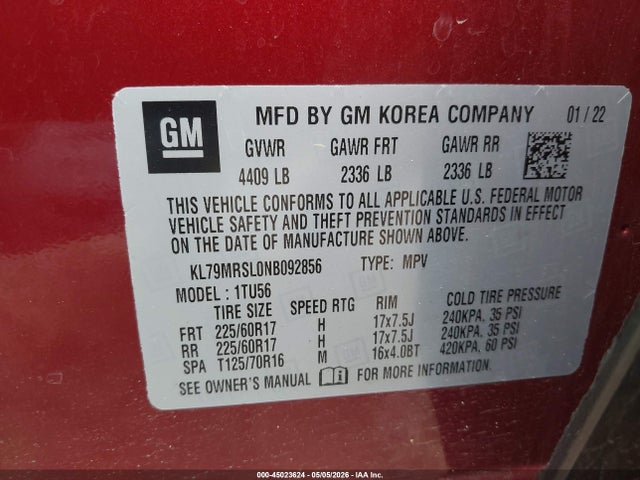 Продаж на аукціоні авто 2022 Chevrolet Trailblazer Awd Lt, vin: KL79MRSL0NB092856, номер лоту: 45023624