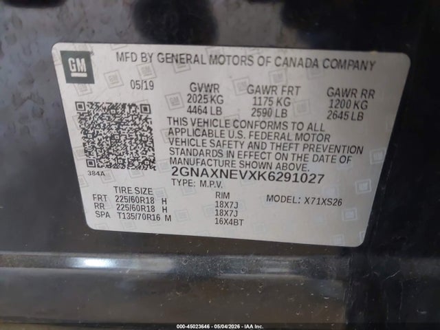 Продажа на аукционе авто 2019 Chevrolet Equinox Premier, vin: 2GNAXNEVXK6291027, номер лота: 45023646
