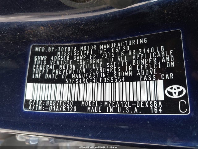45023650 :رقم المزاد ، 5YFS4RCE4LP055554 vin ، 2020 Toyota Corolla Se مزاد بيع