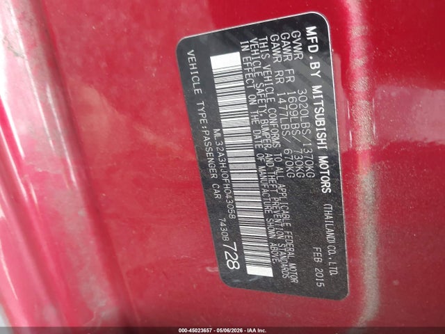 Aukcja sprzedaży 2015 Mitsubishi Mirage De, vin: ML32A3HJ0FH043058, numer aukcji: 45023657
