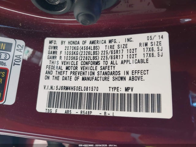 Продаж на аукціоні авто 2014 Honda Cr-v Ex, vin: 5J6RM4H50EL081570, номер лоту: 45023660
