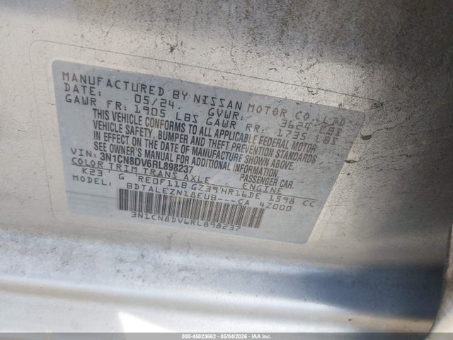 2024 Nissan Versa 1.6 S მანქანა იყიდება აუქციონზე, vin: 3N1CN8DV6RL898237, აუქციონის ნომერი: 45023662