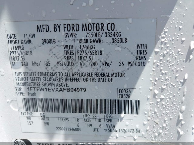 45023663 :رقم المزاد ، 1FTFW1EVXAFB04979 vin ، 2010 Ford F-150 Fx4/harley-davidson/king Ranch/lariat/platinum/xl/xlt مزاد بيع