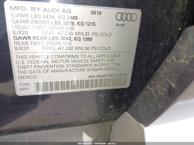 Продаж на аукціоні авто 2019 Audi Q5 45 Premium, vin: WA1BNAFY9K2126159, номер лоту: 45023673