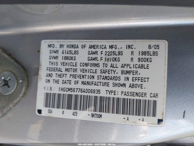 Aukcja sprzedaży 2006 Honda Accord 2.4 Ex, vin: 1HGCM56776A006935, numer aukcji: 45023689