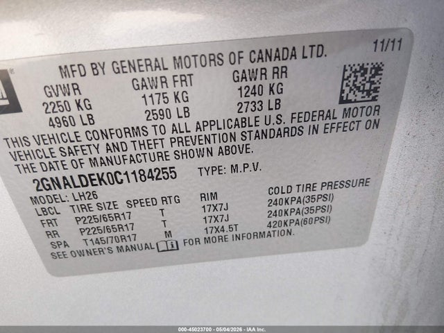 45023700 :رقم المزاد ، 2GNALDEK0C1184255 vin ، 2012 Chevrolet Equinox 1lt مزاد بيع