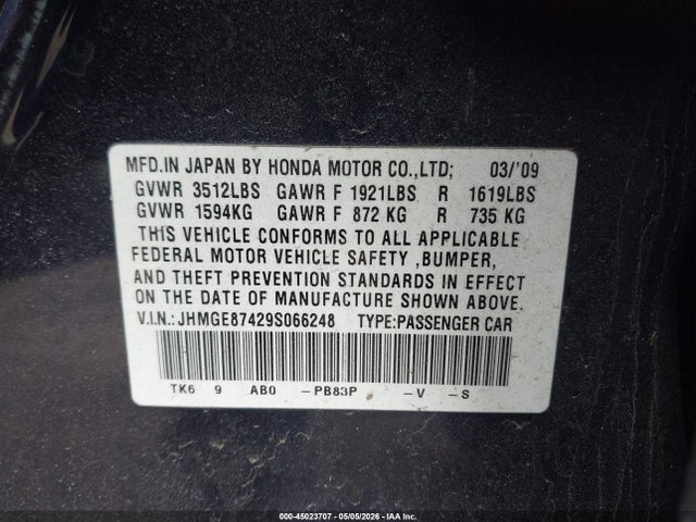 Aukcja sprzedaży 2009 Honda Fit Sport, vin: JHMGE87429S066248, numer aukcji: 45023707