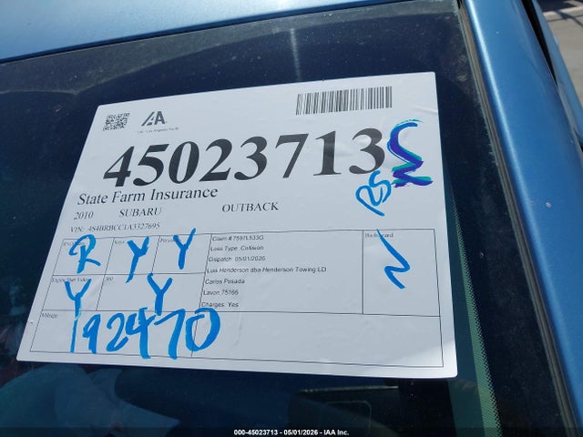 Aukcja sprzedaży 2010 Subaru Outback 2.5i Premium, vin: 4S4BRBCC1A3327695, numer aukcji: 45023713