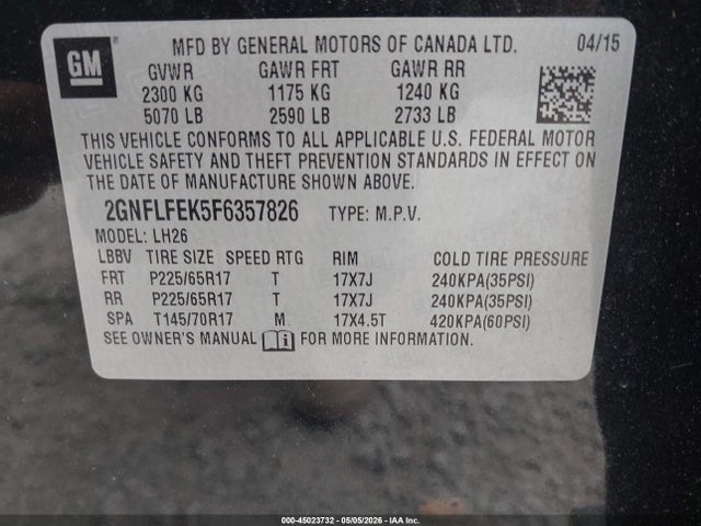 Aukcja sprzedaży 2015 Chevrolet Equinox 1lt, vin: 2GNFLFEK5F6357826, numer aukcji: 45023732