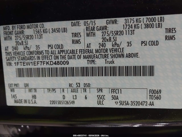 Продаж на аукціоні авто 2015 Ford F-150 Lariat, vin: 1FTEW1EF7FKD48009, номер лоту: 45023741