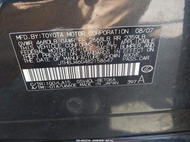 Aukcja sprzedaży 2008 Lexus Es 350, vin: JTHBJ46G482158647, numer aukcji: 45023743