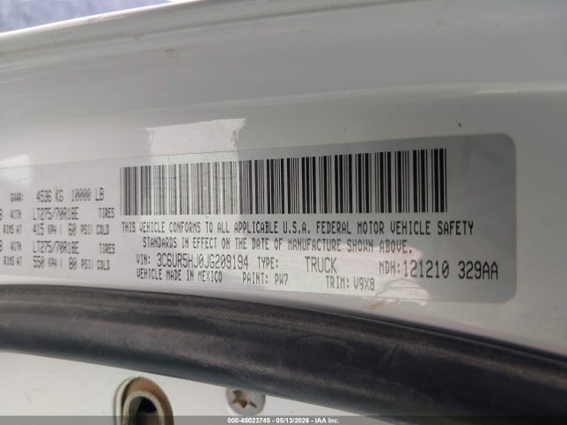 45023745 :رقم المزاد ، 3C6UR5HJ0JG209194 vin ، 2018 Ram 2500 مزاد بيع