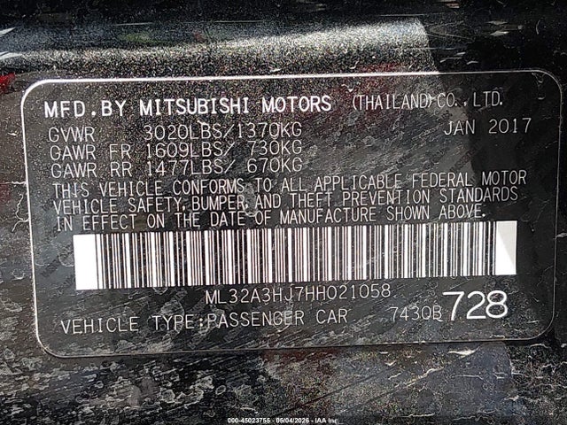 Продаж на аукціоні авто 2017 Mitsubishi Mirage Es, vin: ML32A3HJ7HH021058, номер лоту: 45023755