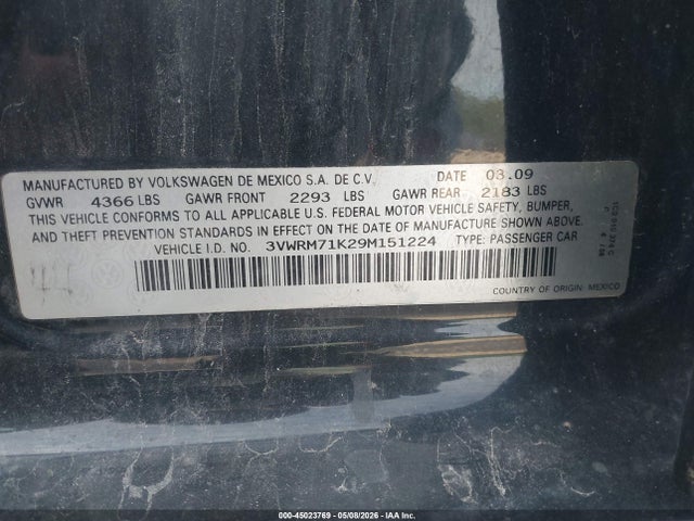 45023769 :رقم المزاد ، 3VWRM71K29M151224 vin ، 2009 Volkswagen Jetta Se مزاد بيع