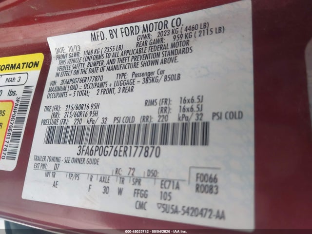 Ford FUSION S 2014 3FA6P0G76ER177870 Image 9
