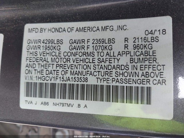 1HGCV1F15JA153538 Honda ACCORD LX