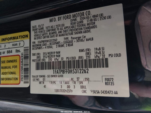 1FATP8FF0H5312262 Ford Mustang Gt Premium