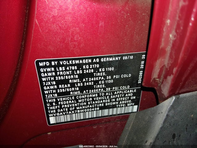 Aukcja sprzedaży 2011 Volkswagen Tiguan Se, vin: WVGAV7AX7BW000406, numer aukcji: 45023802