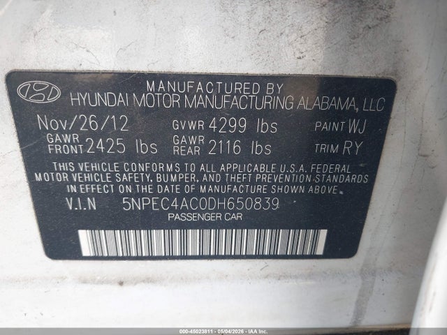 2013 Hyundai Sonata Limited მანქანა იყიდება აუქციონზე, vin: 5NPEC4AC0DH650839, აუქციონის ნომერი: 45023811