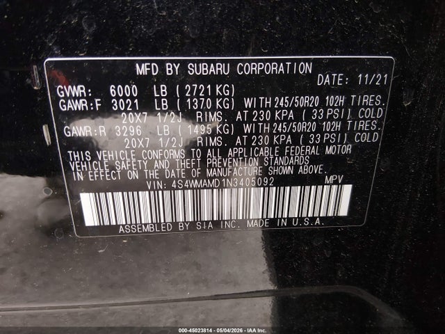 Aukcja sprzedaży 2022 Subaru Ascent Limited, vin: 4S4WMAMD1N3405092, numer aukcji: 45023814