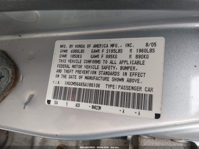 45023823 :رقم المزاد ، 1HGCM56465A186106 vin ، 2005 Honda Accord 2.4 Lx مزاد بيع