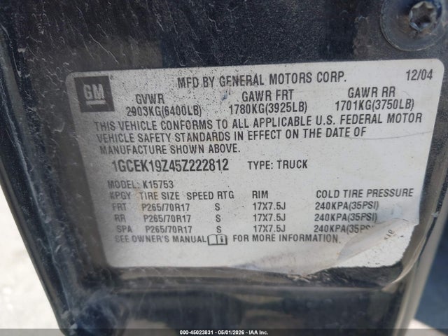 Aukcja sprzedaży 2005 Chevrolet Silverado 1500 Z71, vin: 1GCEK19Z45Z222812, numer aukcji: 45023831
