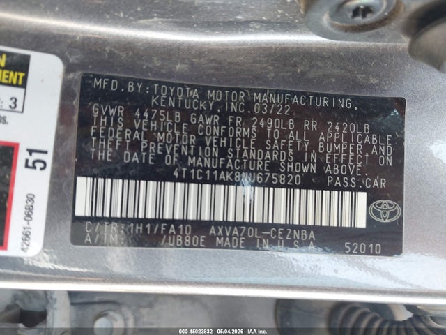 2022 Toyota Camry Le მანქანა იყიდება აუქციონზე, vin: 4T1C11AK8NU675820, აუქციონის ნომერი: 45023832