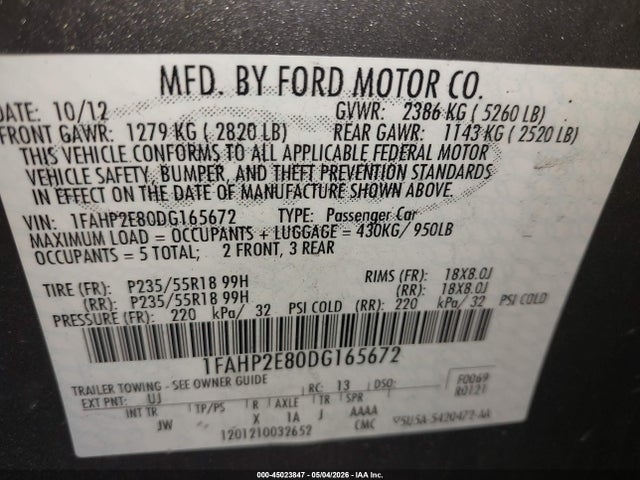 Продажа на аукционе авто 2013 Ford Taurus Sel, vin: 1FAHP2E80DG165672, номер лота: 45023847