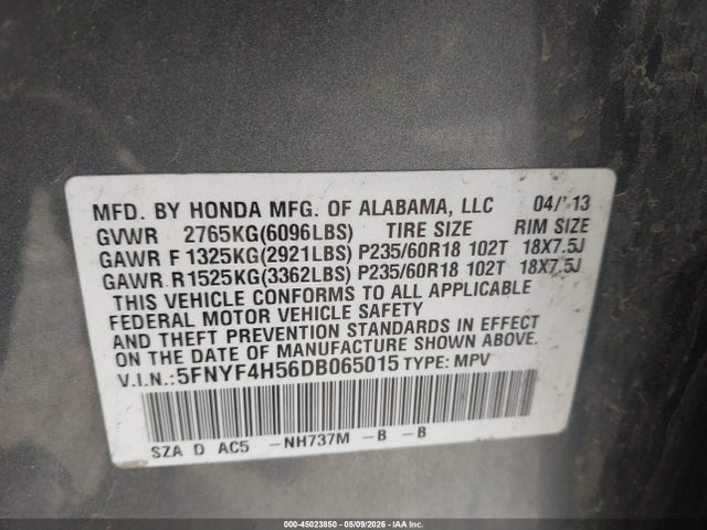Продаж на аукціоні авто 2013 Honda Pilot Ex-l, vin: 5FNYF4H56DB065015, номер лоту: 45023850