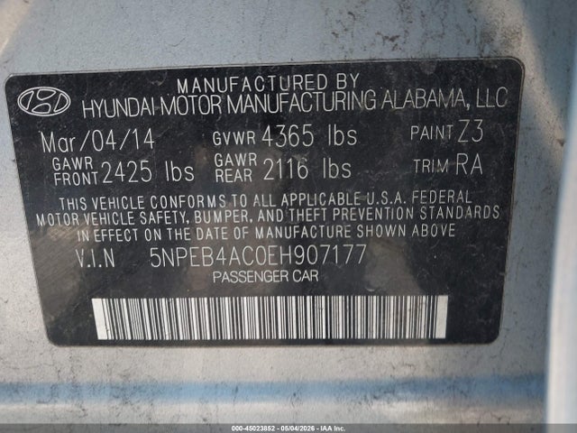 Продажа на аукционе авто 2014 Hyundai Sonata Gls, vin: 5NPEB4AC0EH907177, номер лота: 45023852