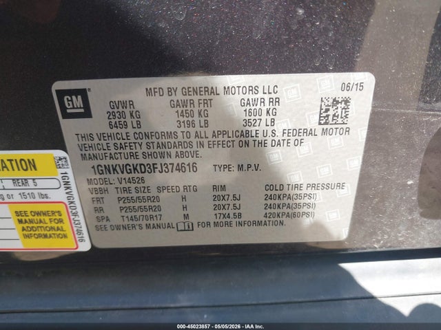 Aukcja sprzedaży 2015 Chevrolet Traverse 1lt, vin: 1GNKVGKD3FJ374616, numer aukcji: 45023857