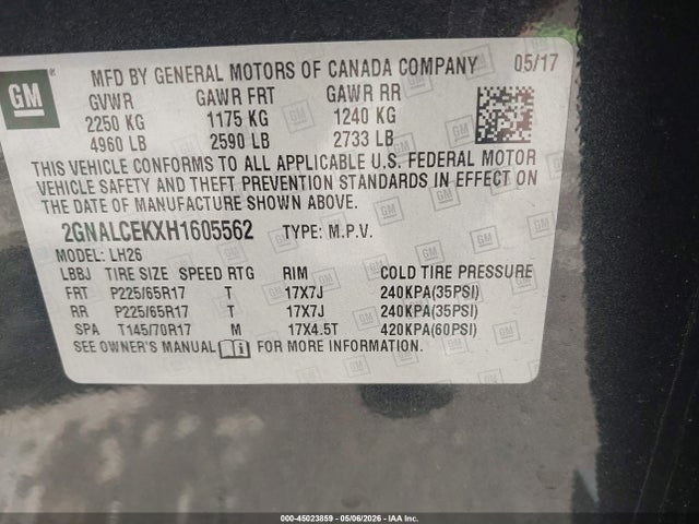 45023859 :رقم المزاد ، 2GNALCEKXH1605562 vin ، 2017 Chevrolet Equinox Lt مزاد بيع