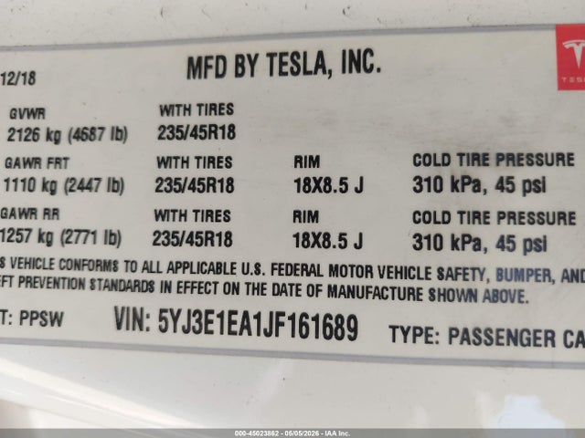 Продаж на аукціоні авто 2018 Tesla Model 3 Long Range/mid Range, vin: 5YJ3E1EA1JF161689, номер лоту: 45023862