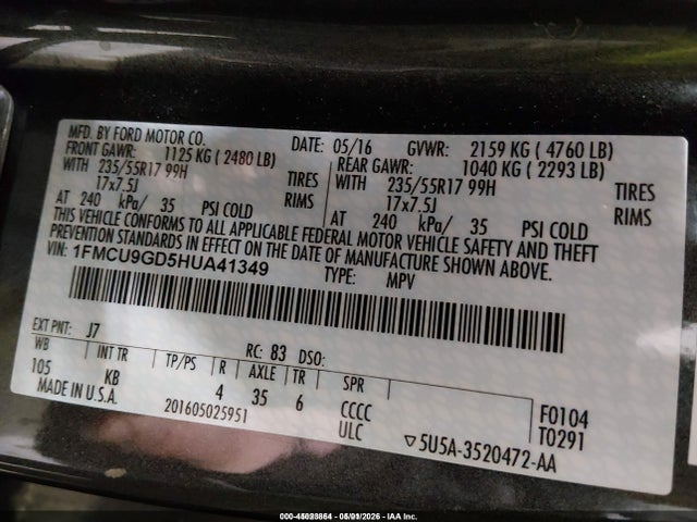 1FMCU9GD5HUA41349 Ford ESCAPE SE