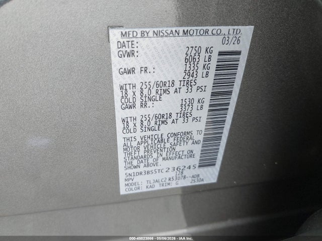 45023866 :رقم المزاد ، 5N1DR3BS5TC236245 vin ، 2026 Nissan Pathfinder Sv مزاد بيع