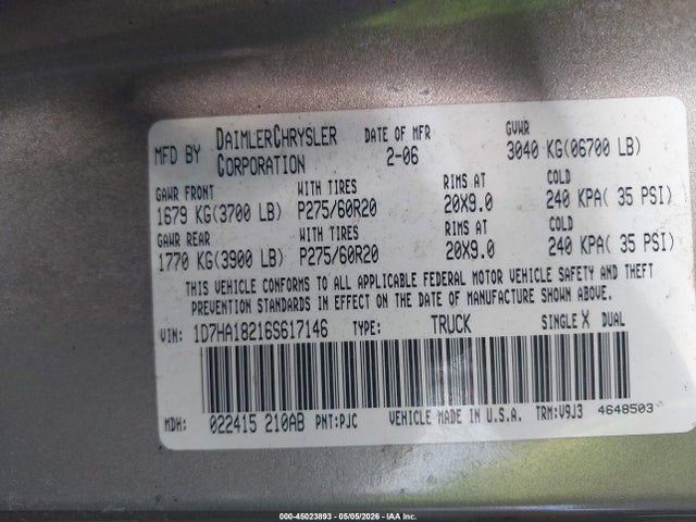 Aukcja sprzedaży 2006 Dodge Ram 1500 Slt, vin: 1D7HA18216S617146, numer aukcji: 45023893