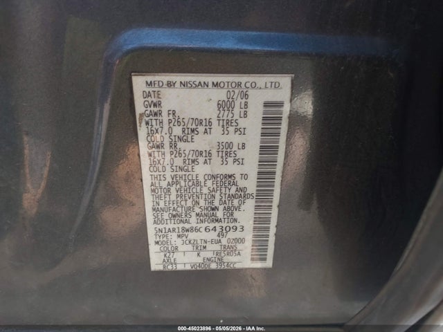 45023896 :رقم المزاد ، 5N1AR18W86C643093 vin ، 2006 Nissan Pathfinder Se مزاد بيع