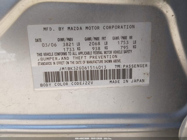 2006 Mazda Mazda3 I მანქანა იყიდება აუქციონზე, vin: JM1BK32G061514013, აუქციონის ნომერი: 45023899