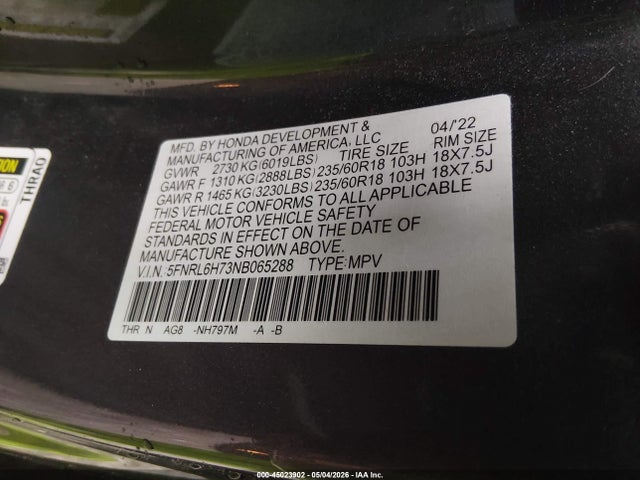 Aukcja sprzedaży 2022 Honda Odyssey Ex-l, vin: 5FNRL6H73NB065288, numer aukcji: 45023902