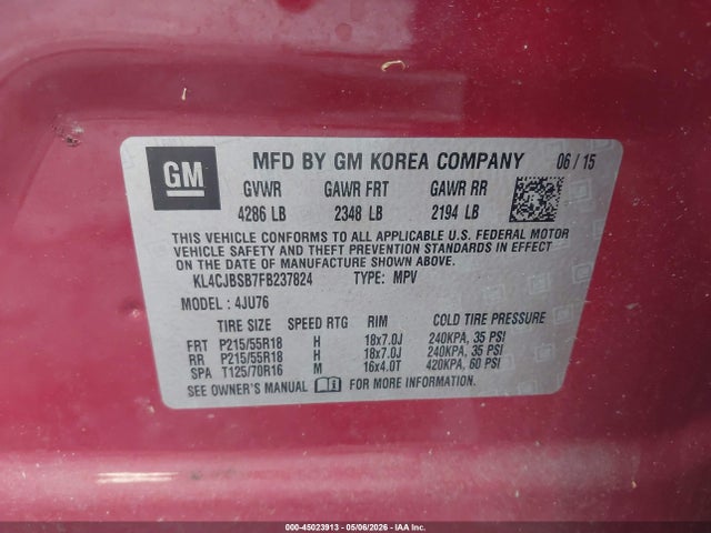Продаж на аукціоні авто 2015 Buick Encore Convenience, vin: KL4CJBSB7FB237824, номер лоту: 45023913