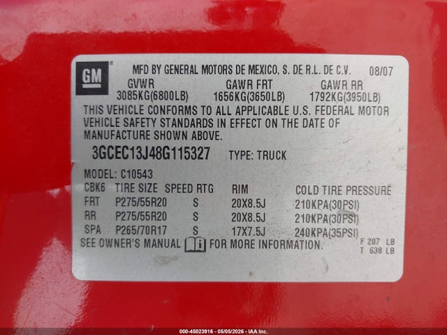 45023916 :رقم المزاد ، 3GCEC13J48G115327 vin ، 2008 Chevrolet Silverado 1500 Ltz مزاد بيع