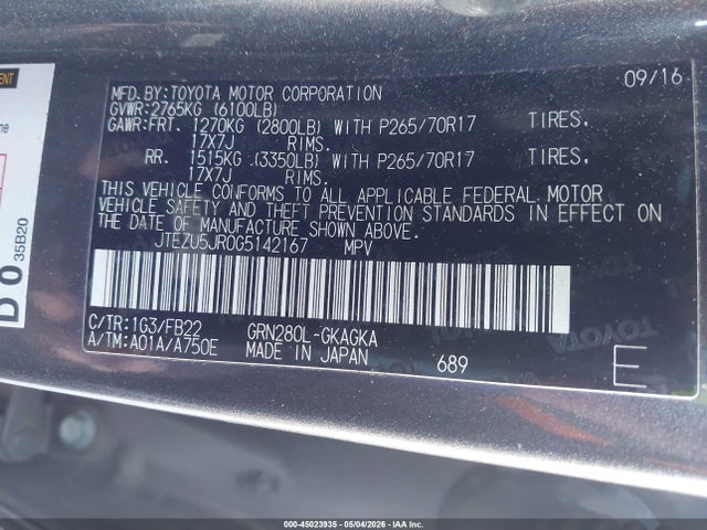45023935 :رقم المزاد ، JTEZU5JR0G5142167 vin ، 2016 Toyota 4runner Sr5 مزاد بيع