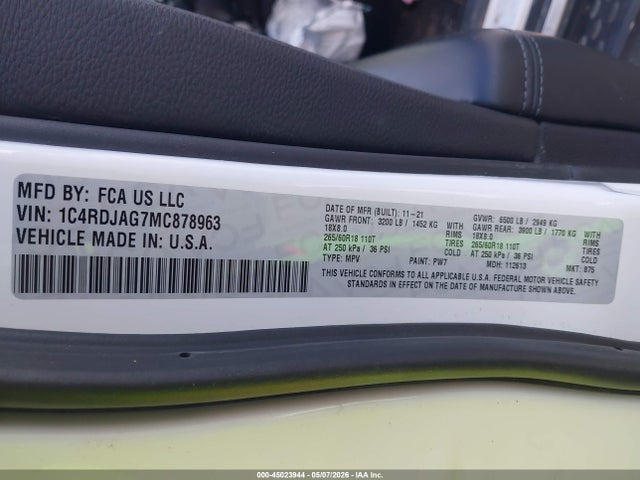 2021 Dodge Durango Sxt Plus Awd მანქანა იყიდება აუქციონზე, vin: 1C4RDJAG7MC878963, აუქციონის ნომერი: 45023944