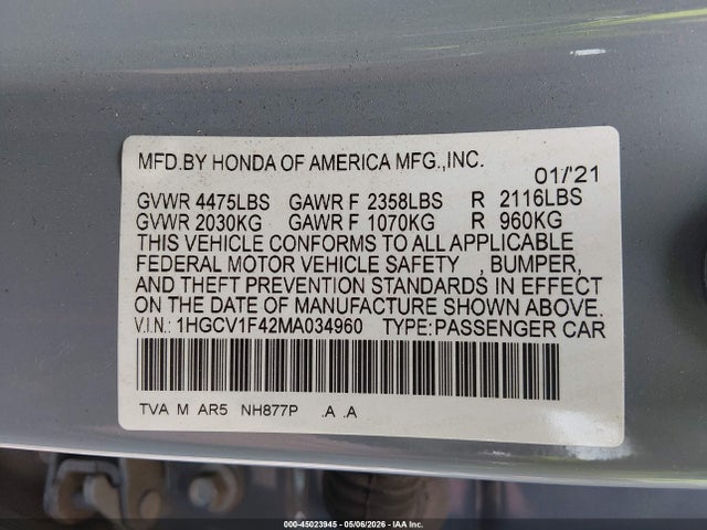 45023945 :رقم المزاد ، 1HGCV1F42MA034960 vin ، 2021 Honda Accord Sport Special Edition مزاد بيع