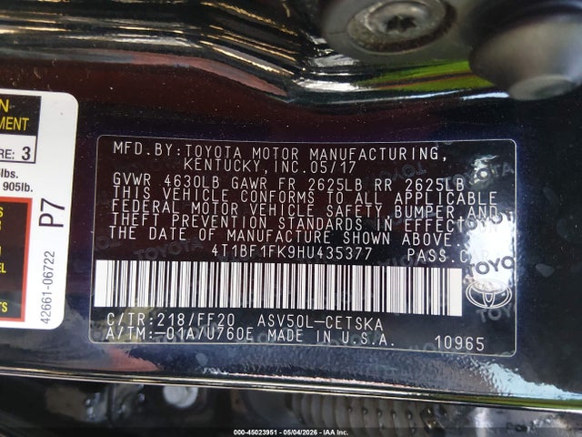 Aukcja sprzedaży 2017 Toyota Camry Se, vin: 4T1BF1FK9HU435377, numer aukcji: 45023951