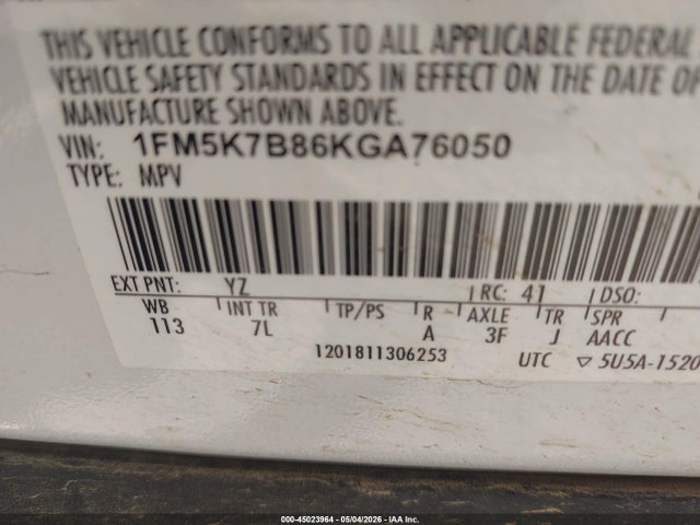 Aukcja sprzedaży 2019 Ford Explorer, vin: 1FM5K7B86KGA76050, numer aukcji: 45023964