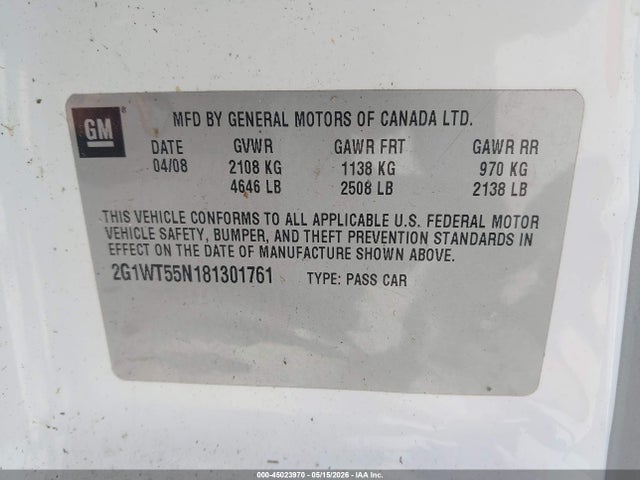 45023970 :رقم المزاد ، 2G1WT55N181301761 vin ، 2008 Chevrolet Impala Lt مزاد بيع