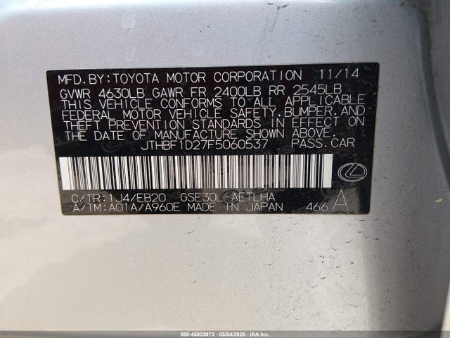 Продажа на аукционе авто 2015 Lexus Is 250, vin: JTHBF1D27F5060537, номер лота: 45023973